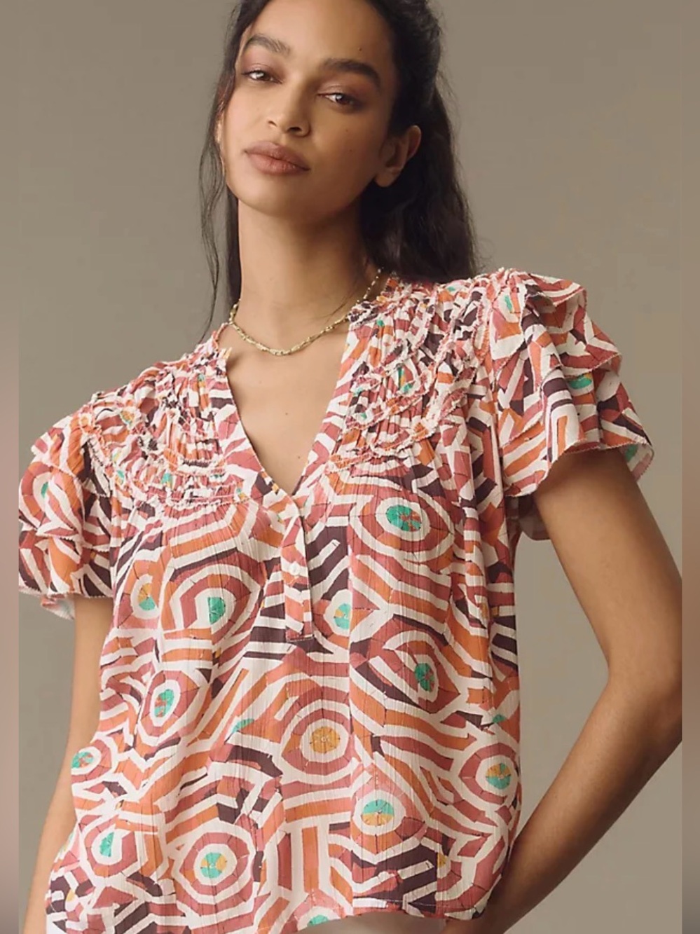 Maeve Anthropologie Geometric Print Flutter Sleeve Smocked V Neck Blouse Size S